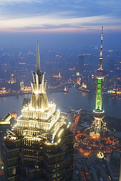 Jinmao and Pearl Towers and Pudong skyline, Shanghai, China, Asia