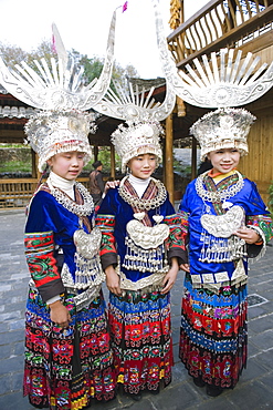 Elaborate costumes worn at a traditional Miao New Year festival in Xijiang, Guizhou Province, China, Asia