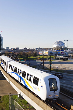 The SkyTrain in front of Telus Science World, Vancouver, British Columbia, Canada, North America