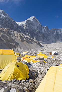 Yellow tents at Everest Base Camp, Solu Khumbu Everest Region, Sagarmatha National Park, Himalayas, Nepal, Asia