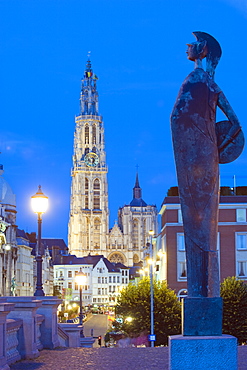 Night illumination, tower of Onze Lieve Vrouwekathedraal, Antwerp, Flanders, Belgium, Europe