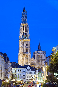 Tower of Onze Lieve Vrouwekathedraal illuminated at night, Antwerp, Flanders, Belgium, Europe