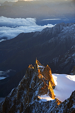 Sunrise on Aiguille du Midi cable car station, Mont Blanc range, Chamonix, French Alps, France, Europe