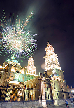 Firework display over the Cathedral, Morelia, UNESCO World Heritage Site, Michoacan state, Mexico, North America