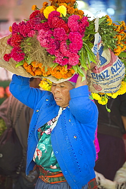 Woman carrying flowers at Tlacolula Sunday market, Oaxaca state, Mexico, North America