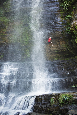 Rappelling on Juan Curi waterfall, adventure sports capital of Colombia, San Gil, Colombia, South America