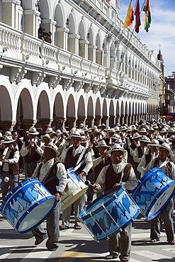 Musicians drumming at Anata Andina harvest festival, Carnival, Oruro, Bolivia, South America