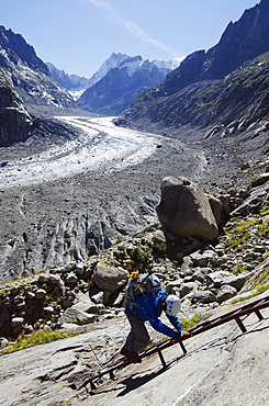 Climber at Mer de Glace glacier, Chamonix, Haute-Savoie, French Alps, France, Europe 