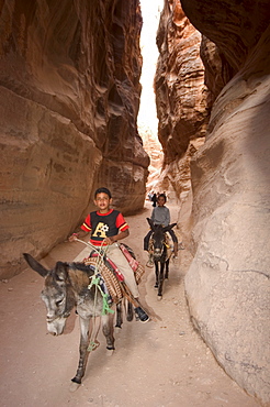 Donkey ride through the Siq, Petra, Wadi Musa (Mousa), Jordan, Middle East