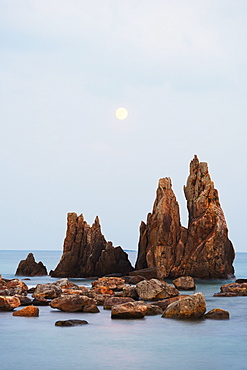 Full moon rising over rock stacks, Hashikuiiwa, Wakayama Prefecture, Honshu, Japan, Asia