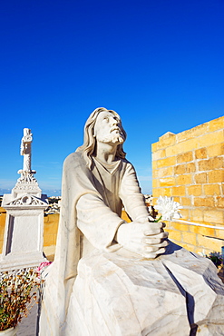 Cemetery head stone statue, Victoria (Rabat), Gozo Island, Malta, Mediterranean, Europe