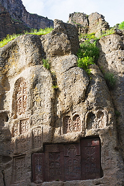 Khachkar crosses, Geghard Monastery, UNESCO World Heritage Site, Kotayk Province, Armenia, Caucasus, Central Asia, Asia