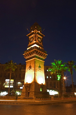 Clock Tower, downtown at night, Aleppo (Haleb), Syria, Middle East