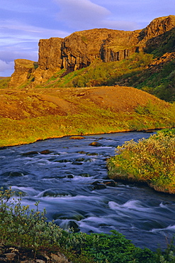 River and midnight sunset, Jokulsa National Park, Iceland