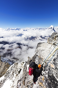 Climber on the Yellow Tower of Ama Dablam, Sagarmatha National Park, UNESCO World Heritage Site, Khumbu Valley, Nepal, Asia