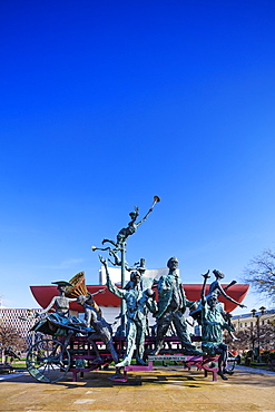 University Square, National Theatre, statue of musicial comedians by Ioan Bolborea, Bucharest, Romania, Europe