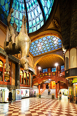 Statue of King Wenceslas riding an Upside-Down Dead Horse inside the Art Nouveau Lucerna Palace, Prague, Czech Republic, Europe