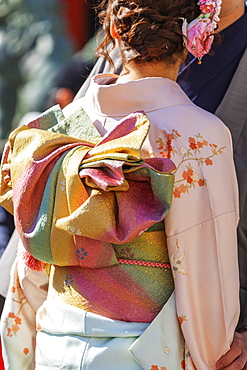 Detail of a girl wearing a kimono, Sensoji Temple, Asakusa, Tokyo, Japan, Asia