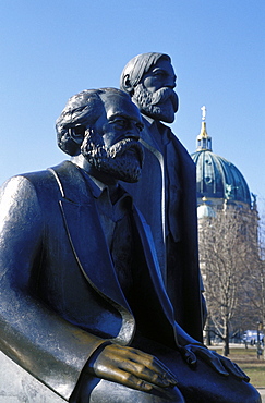 Close-up of statue of Marx and Engels, Alexanderplatz square, Mitte, Berlin, Germany, Europe