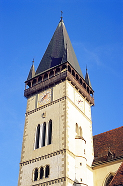 15th century Gothic tower of church of St. Egidius, Bardejov, Presov region, Slovakia, Europe