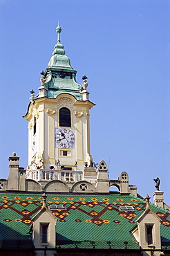 Tower and decorated roof of the Old Town Hall, Bratislava, Slovakia, Europe