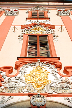 Detail of Baroque decoration on facade of building, Kral Jiri z Podebrad Square (Krale Jiriho z Podebrad), in town of Cheb, Karlovarsky Region, Czech Republic, Europe