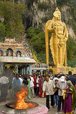 Pilgrims throwing offerings into holy fire during the Hindu Thaipusam Festival at Sri Subramaniyar Swami Temple, Batu Caves, Selangor, Malaysia, Southeast Asia, Asia