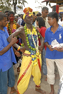 Pilgrim in trance during the Hindu Thaipusam Festival during walk from Sri Subramaniyar Swami Temple up to Batu Caves, Selangor, Malaysia, Southeast Asia, Asia