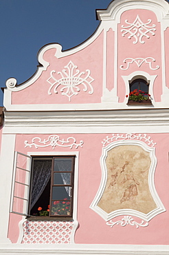 Baroque building's detail of facade at Zachariase z Hradce Square, Telc, Jihlava Region, Czech Republic, Europe