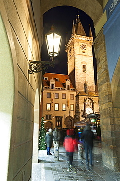 Gothic Old Town Hall at twilight, Old Town Square, UNESCO World Heritage Site, Prague, Czech Republic, Europe 