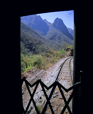 Train and railway, Copper Canyon, Sierra Tarahumara, Sierra Madre, Chihuahua, Mexico, Central America