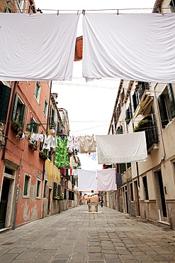 Washing line geometry in the streets of Castello, Venice, Veneto, Italy, Europe