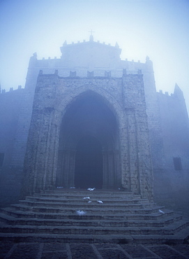 Building exterior in the mist, Erice, Sicily, Italy, Mediterranean, Europe