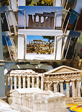 Souvenirs including models of temples and postcards for sale, Selinunte, Sicily, Italy, Mediterranean, Europe