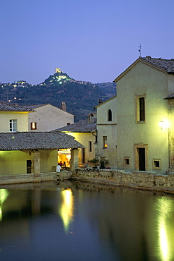 Thermae of Bagno Vignoni at dusk, Val d'Orcia, Siena province, Tuscany, Italy, Europe