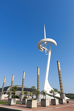 Telefonoca Tower by architect Santiago Calatrava, Montjuic, Barcelona, Catalonia, Spain, Europe