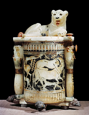 Painted alabaster unguent jar showing hunting scene, with the king as a lion, from the tomb of the pharaoh Tutankhamun, discovered in the Valley of the Kings, Thebes, Egypt, North Africa, Africa