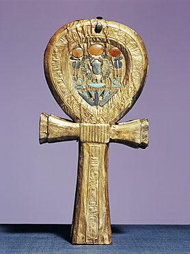 Mirror case in the form of an ankh, the sign of life, made of gilt wood inlaid with glass-paste, from the tomb of the pharaoh Tutankhamun, discovered in the Valley of the Kings, Thebes, Egypt, North Africa, Africa