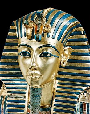 Tutankhamun's funeral mask in solid gold inlaid with semi-precious stones and glass-paste, from the tomb of the pharaoh Tutankhamun, discovered in the Valley of the Kings, Thebes, Egypt, North Africa, Africa