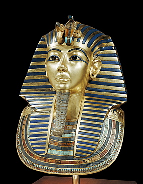 Tutankhamun's funeral mask in solid gold inlaid with semi-precious stones and glass-paste, from the tomb of the pharaoh Tutankhamun, discovered in the Valley of the Kings, Thebes, Egypt, North Africa, Africa