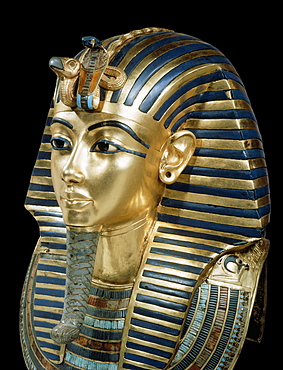 Tutankhamun's funeral mask in solid gold inlaid with semi-precious stones and glass-paste, from the tomb of the pharaoh Tutankhamun, discovered in the Valley of the Kings, Thebes, Egypt, North Africa, Africa