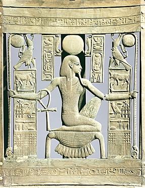 Detail of the back of a chair decorated with royal names and with the spirit of millions of years, from the tomb of the pharaoh Tutankhamun, discovered in the Valley of the Kings, Thebes, Egypt, North Africa, Africa