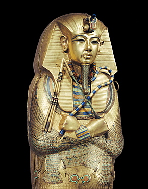 Mummiform coffin of gold with inlaid semi-precious stones and glass-paste, from the tomb of the pharoah Tutankhamun, discovered in the Valey of the Kings, Thebes, Egypt, North Africa, Africa