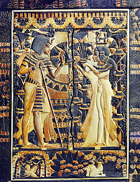 Painted ivory plaque from the lid of a coffer showing Tutankhamun and Ankhesenamun in a garden, the lower frieze shows young women plucking mandrakes, from the tomb of the pharaoh Tutankhamun, discovered in the Valley of the Kings, Thebes, Egypt, North Africa, Africa