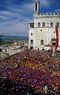 Crowd in Piazza del Comune, La Corsa dei Ceri feast on 15th of May, Gubbio, Umbria, Italy