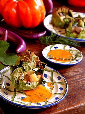 Aubergines and potatoes in fig leaf and vinaigrette, Italy