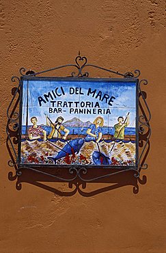 Sign of Amici del Mare Restaurant, Favignana, Aegadian Islands, Sicily, Italy