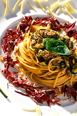 Spaghetti pasta with fried courgettes, Il Tramonto restaurant, Ponza island, Lazio, Italy 