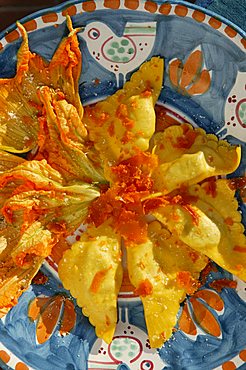 Fish eggs ravioli with courgette flowers and botargo, Orestorante restaurant, Ponza island, Lazio, Italy 