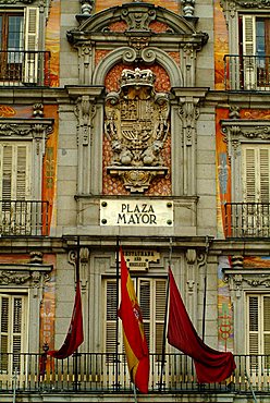 Casa de la Panadería façade and Plaza Mayor sign, Madrid, Spain, Europe